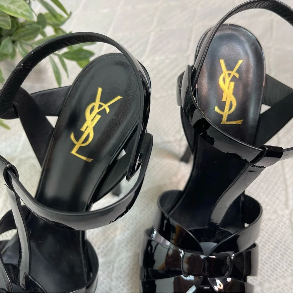 Saint Laurent Tribute Platform Sandals 105mm Black Patent Leather Size 38.5 8.5 - Picture 16 of 17